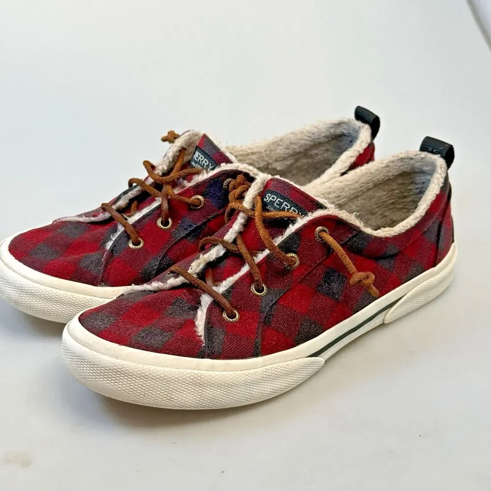 Sperry Top Sider Size 8.5 Buffalo Red Plaid Faux Wool Sneakers Womens Shoes